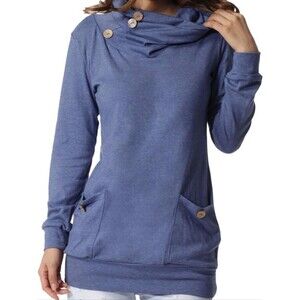Levaca Cowl Neck Button Tunic Sweatshirt Pullover Top Blue Medium